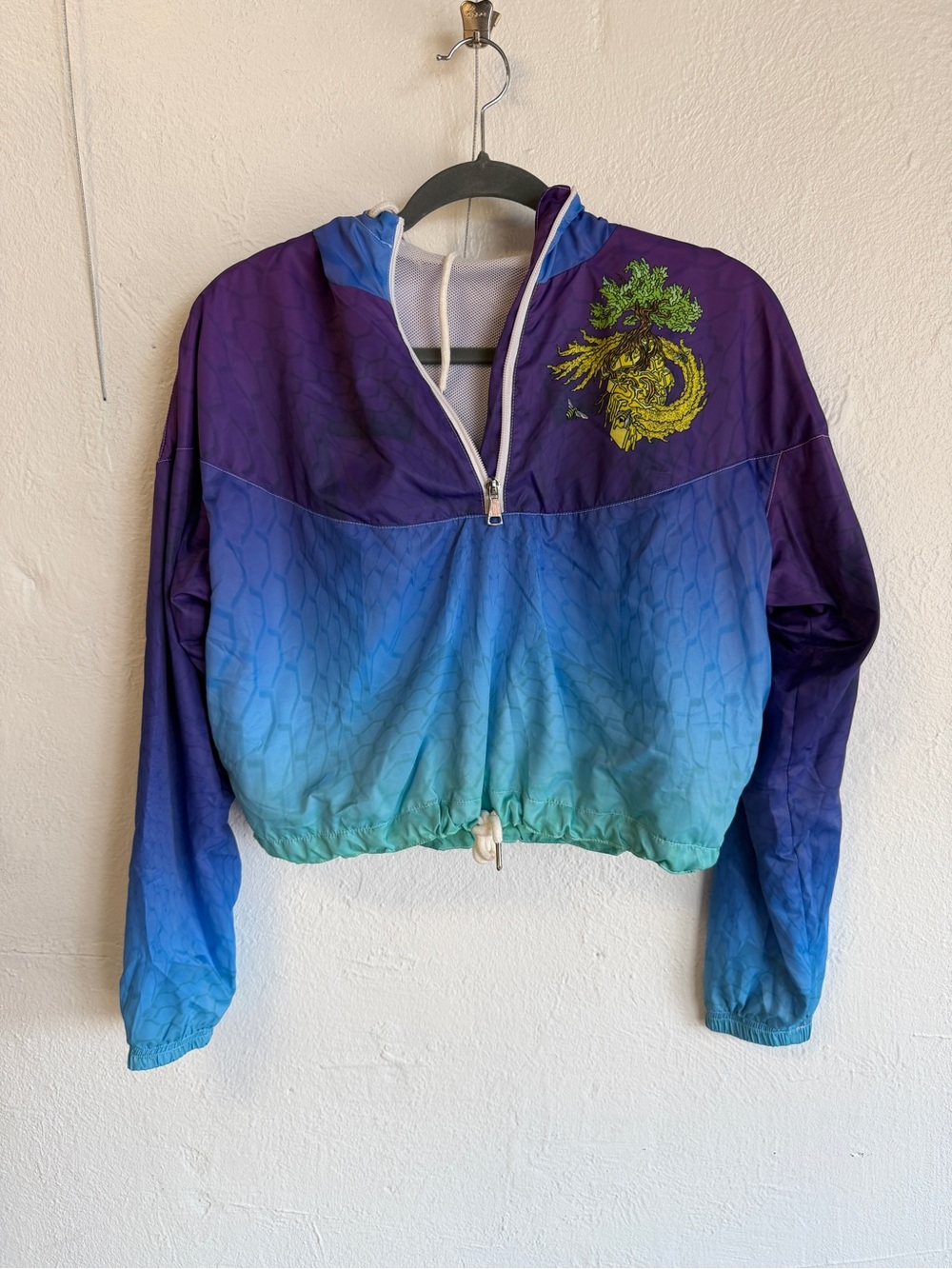 Purple to Teal Ombre Cropped Windbreaker Hoodie with Dragon Motif